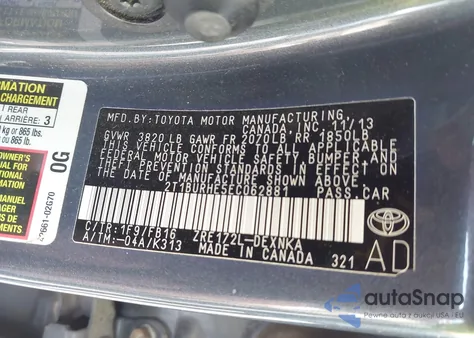 2014 Toyota Corolla Le from USA, damaged, VIN 2T1BURHE5EC062881
